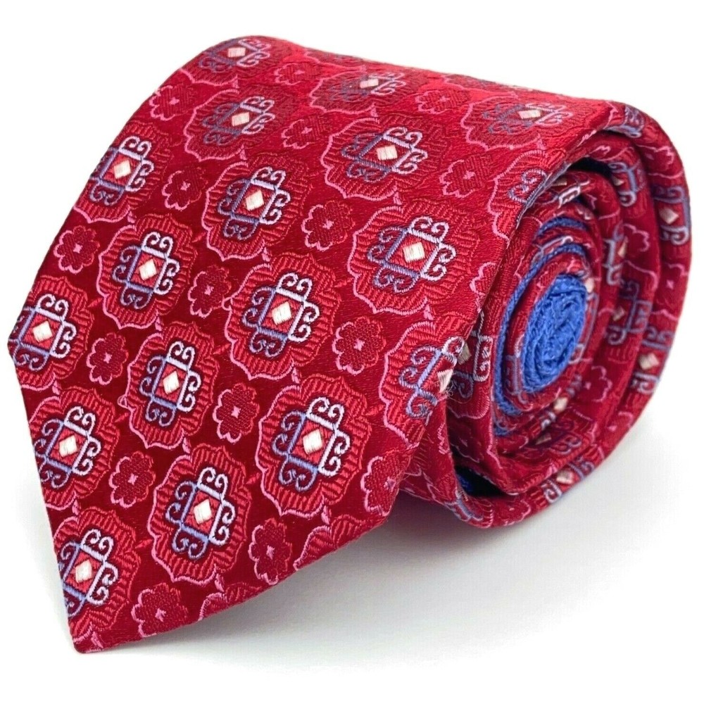 SAKS FIFTH AVENUE 100% Silk Tie Red Blue Pink Woven Geometric Floral Necktie